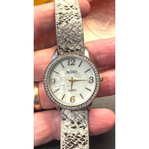 XOXO by Silver Tone and Rhinestone Quartz Watch with Snakeskin Look Band - Picture 3 of 3